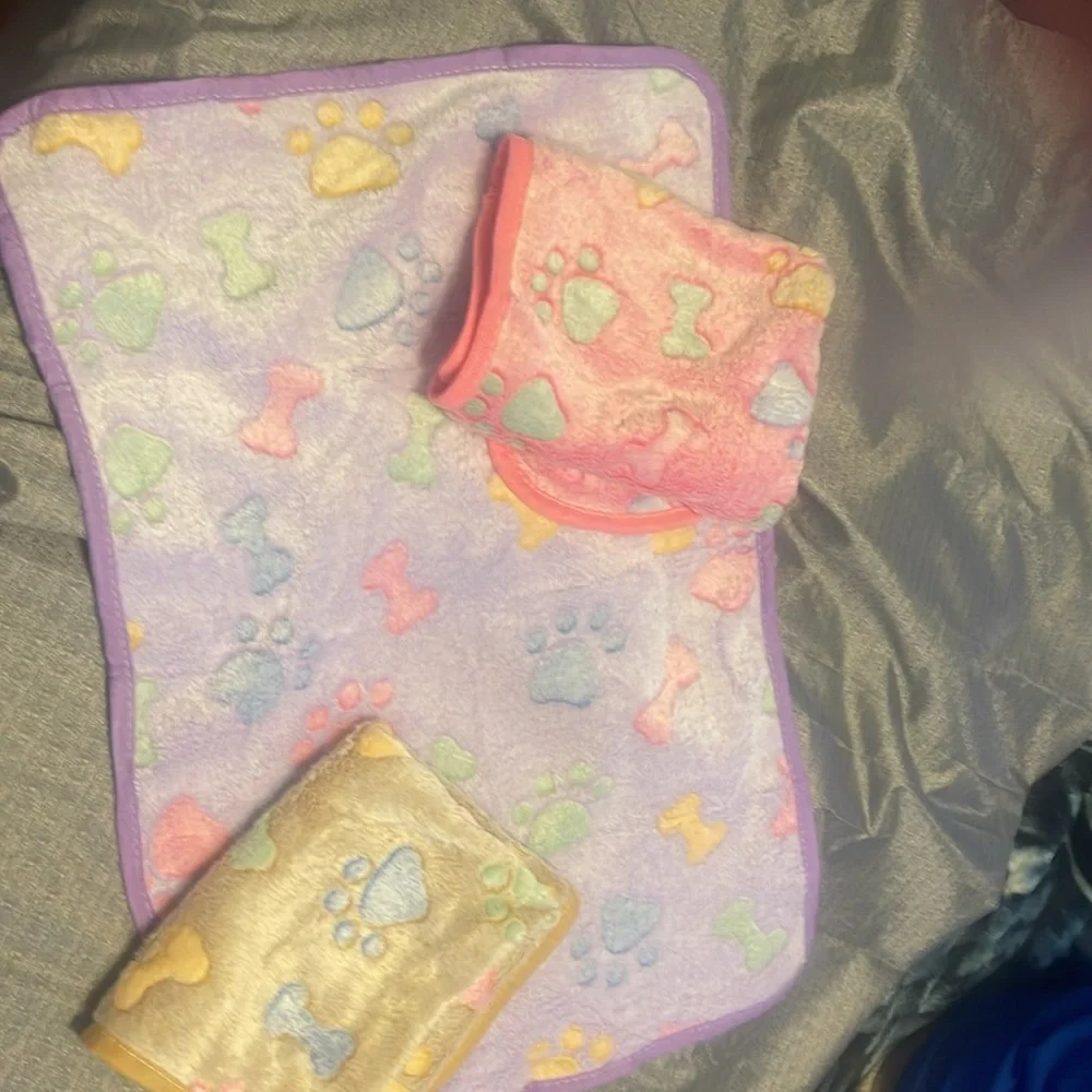 Dog blankets. Never used pack of three. Purple, tan and pink.